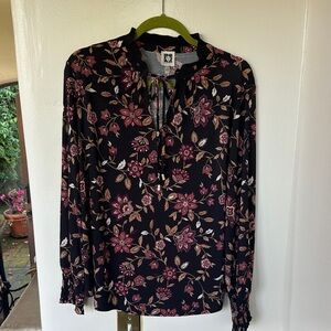 Anne Klein Black and Burgundy Floral Blouse